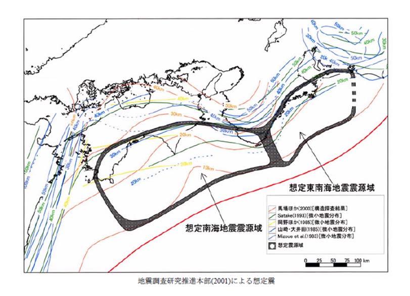 想定震源域 浅い部分の境界および深い部分の境界 東海地震に関する専門調査会 及び地震調査研究推進本部が検討した成果によるものを採用し 深さ約 10km~30km の範囲とする 参考 検討開始時の想定震源域 東海地震の震源域の境界東海地震の震源域の境界は 東海地震に関する専門調査会 による 東南海地震の震源域の東側の境界昭和東南海地震での静岡県内の震度 6 の領域の再現性が良くなる位置を境界とする