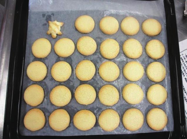 米粉クッキーの再現実験本研究で, 評価に使用した米粉 Aのクッキーレシピを用いて他者による再現が可能であるかを検証するため, 本学食物栄養学科の学生 4 人による再現実験を行った 実験は本学調理実習室で行った 米粉 Aの材料は, 米粉 9 g,