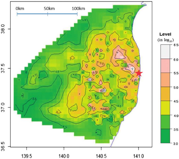 空間放射線量率と直下土壌の放射能汚染度との関連 図 1. 福島県近隣の土壌放射能汚染地図 印は福 島第一原発の位置を示す 図 3.