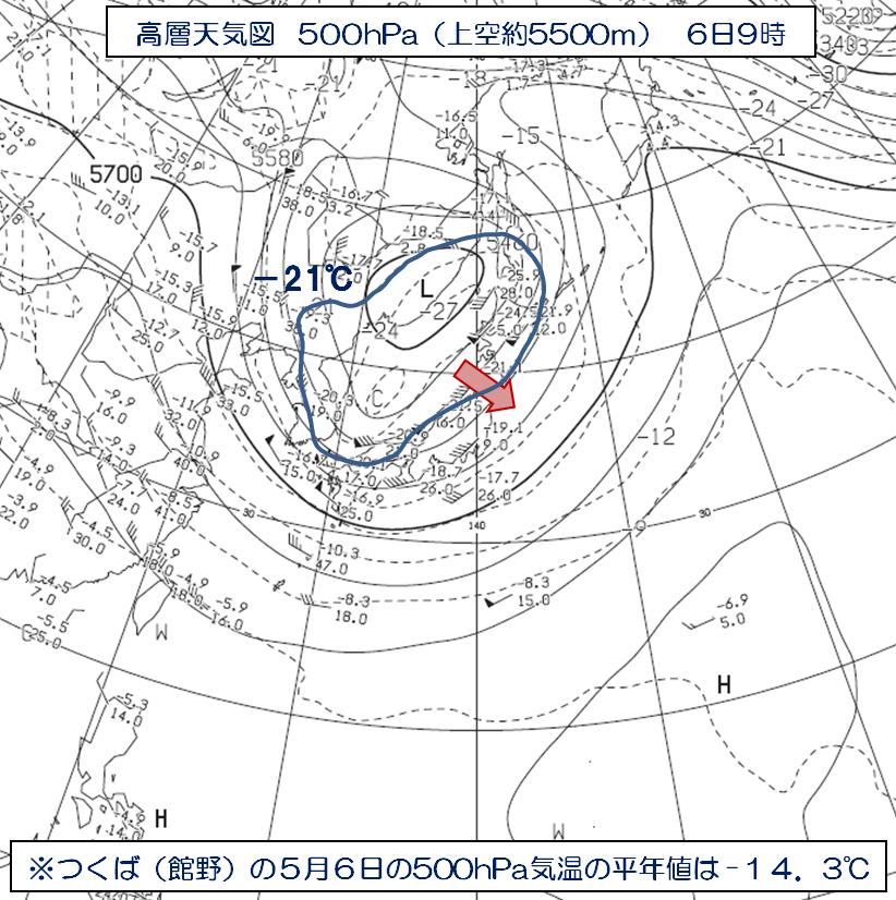 1 気象概況 5 月 6 日は日本の上空 5500 メートルにおいて 氷点下 21 度以下の強い寒気が流れ込んだ (9