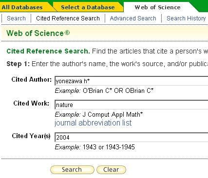 参考 Web of Science Cited Reference Search : 引用文献検索詳細は Web of Science クイックレファレンスカード p.
