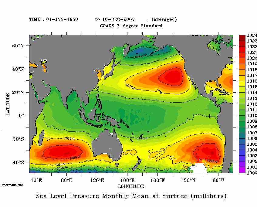 図 5 海面気圧の月平均分布 3-2 考察図 1 では月平均での海面気圧の場が与えられている この図からは南方振動気圧の測点になっている東部太平洋のイースター島では高気圧帯 オーストラリア北西部に位置するダーウィン付近では低気圧帯である事がわかる この 2 つの気圧から単純に差を求めて変動を見た図が図 2 である