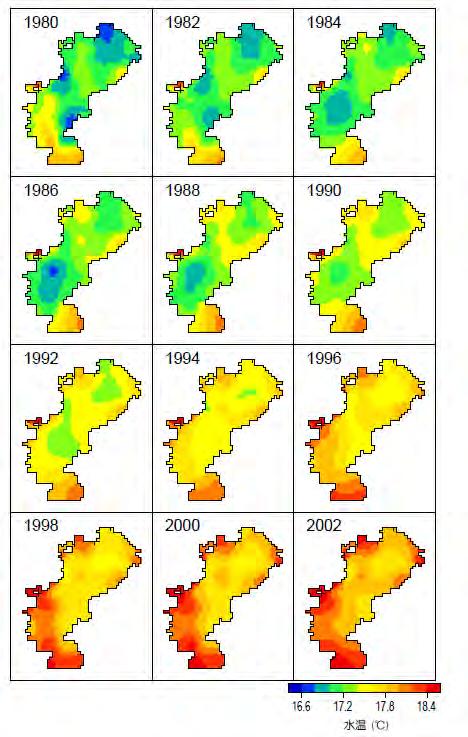 3. 平面分布で表した東京湾の水質 (1) 水温 ( 上層 ) の平面分布の変化 (1980 年 ~2002 年の各年 9 月 ) 上層水温は大幅に上昇しています