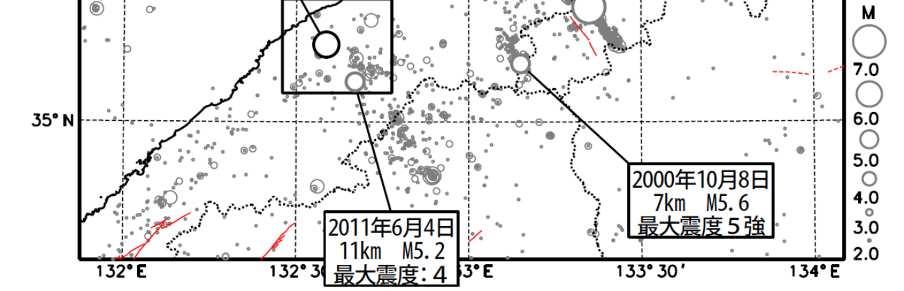 0 以上 ) 2018 年 4 月 1 日以降の地震を濃く表示 平成 12 年 (2000 年 ) 鳥取県西部地震 今回の地震 震央分布図中の赤線は