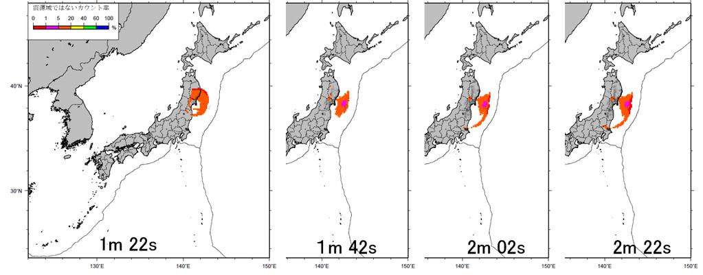 Fig. 2.1.4 Example of real-time estimation of source area from the seismic intensity distribution (2011 Tohoku earthquake). Times are relative to the origin time of the earthquake.