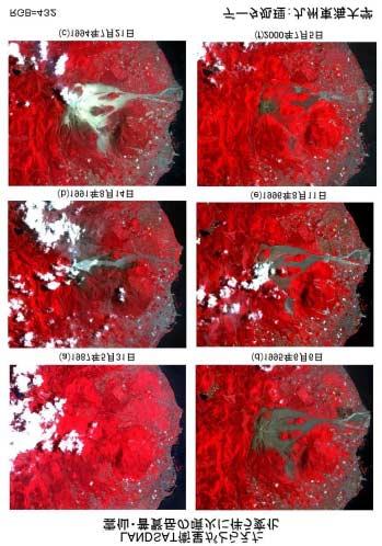 光学センサ衛星がとらえた雲仙普賢岳の噴火活動 ここでは植物の分布域が赤くなるように表示してある ( フォールスカラー表示 ) LANDSAT 衛星のバンド 4 は植物からの反射をとらえる