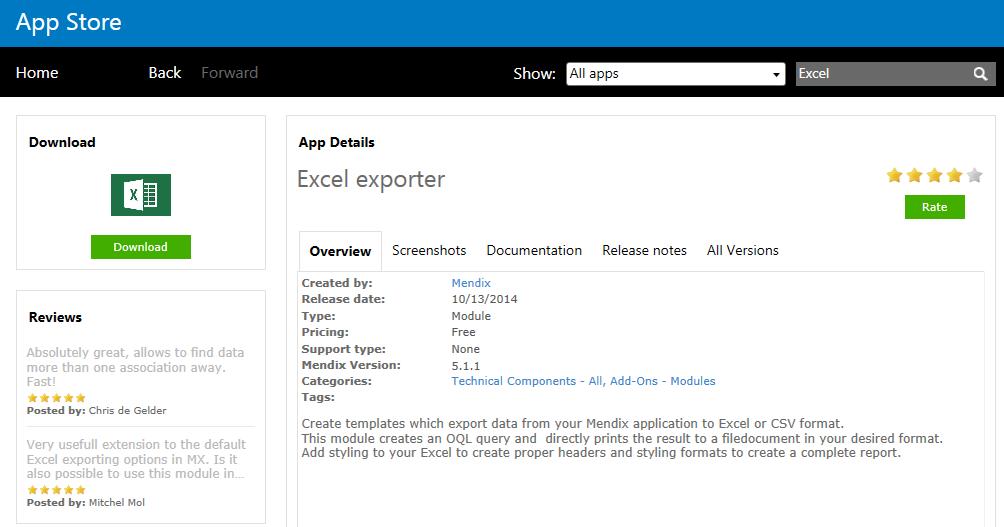 1.2 Download the Excel Exporter Module Excel Exporter モジュールをダウンロードする 1. モデラー内から Mendix App Store を開きます 2. **Excel**というキーワードを検索します 3.