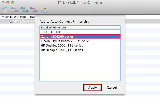 Application for Mac OS Step 3: 手順 3: 自動接続プリンターとして設定するプリンターを選択し [ 適用 ]
