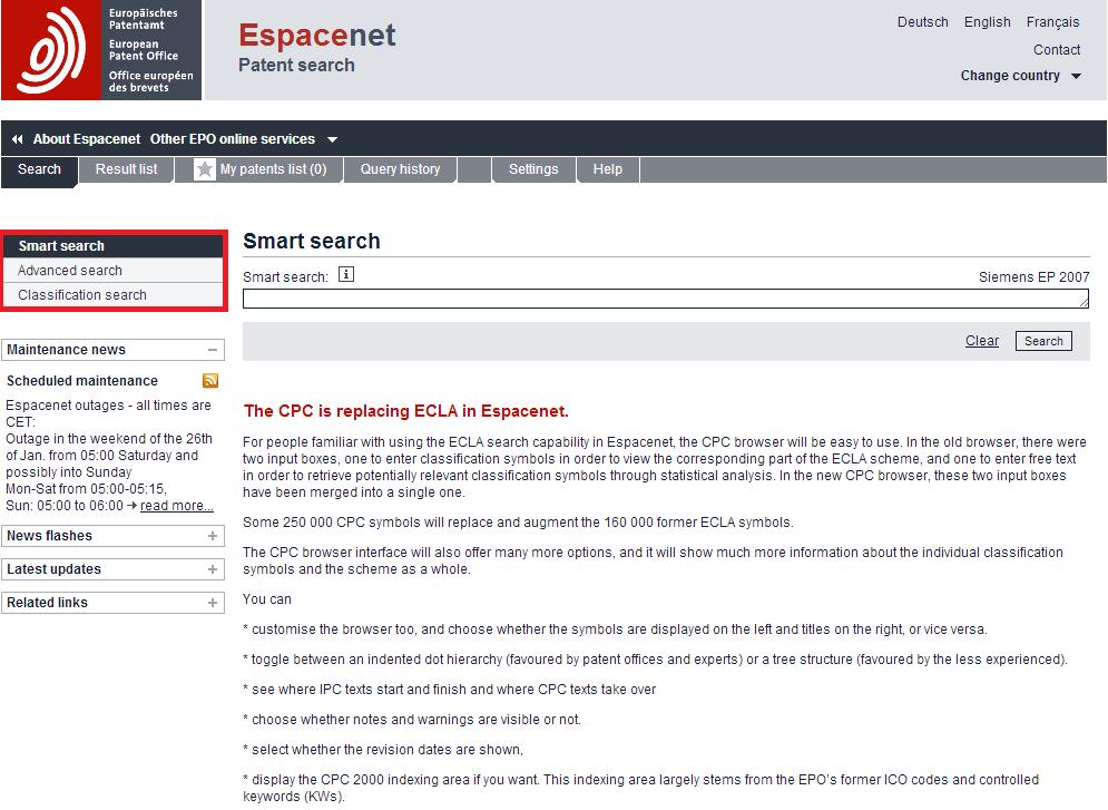 IPC Class IPC Sınıfı IPC 分類 ex: H02K 5/124 なお 発明の名称や要約 (Title/Abstract) の欄は トルコ語のキーワードのみ有効である 次に Espacenet のトップ画面を紹介する Espacenet (URL:http://worldwide.espacenet.