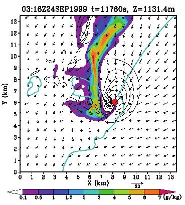 第 4 図 : シミュレーションから得られたスーパーセルの水平表示 カラーレベルは高度 1km の雨水混合比 (g kg 1 ) 細実線と赤い太実線は高度 1km の上昇流と渦度 矢印