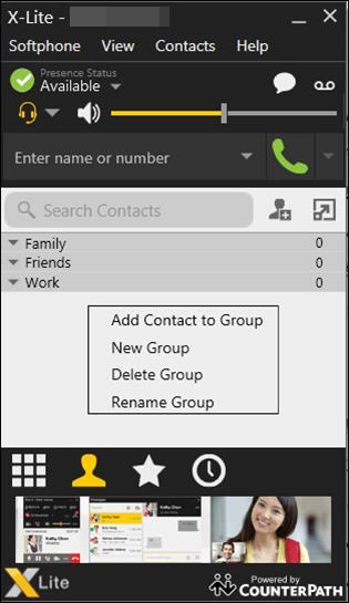 電話帳を使用する ~ X-Lite の利用方法 ~ デフォルトでは Family, Friends, Work の 3 つのグループが登録されています クリックすると電話帳画面が表示されます