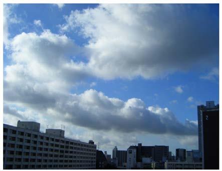 写真 1 積雲 (Cumulus) 写真 2 層雲 (Stratus) また 層積雲 (Stratocumulus) のように層雲と積雲の両方の性質をそなえた雲もあります 層積雲は 大きなかたまりが群をなし 層又は斑状 ロール状となっている雲で 白色又は灰色に見えることが多く よく見られる層積雲は 積雲が鉛直方向に発達せず