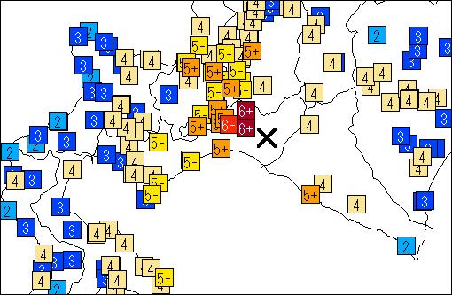 震度分布図 各地域の震度分布 : 震央