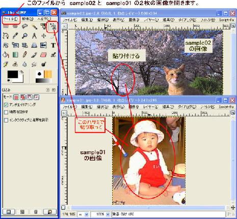 13/18 ページ GIMP シリーズ 写真合成 デスクトップのサンプルフォルダーの中に 2 枚の画像が有ります ツールボックスのファイルメニ ューから読み込んでください 女の子を切り取ってネコのそばに貼り付けます これからの作業 1 ツールボックスの電脳ハサミ ( 画像から形状選択 ) をクリックして マウスで女の子の写真を輪郭に沿って選択して行きます 最後は始点と終点を確りあわせます 2