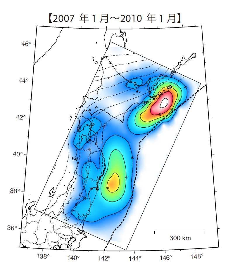 予知されていた M9 巨大地震 色のついている所は海底が西へと押されている ( 陸上の GPS 観測より判明 )