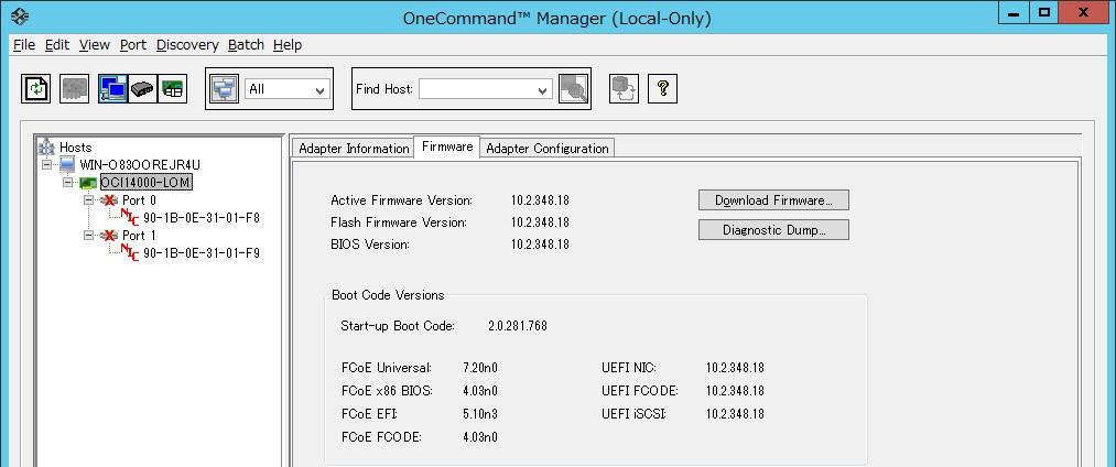 4. Firmware / Adapter BIOS Version の確認 OCManager より Firmware の確認が可能です 4.1. OCManager OCManager で表示される名称は 次のとおりです アダプタ表示名称とファームウェア版数 アダプタ種類 アダプタ表示名称 ファームウェア版数 CNA OCe14102-U 10.2.405.18 1.