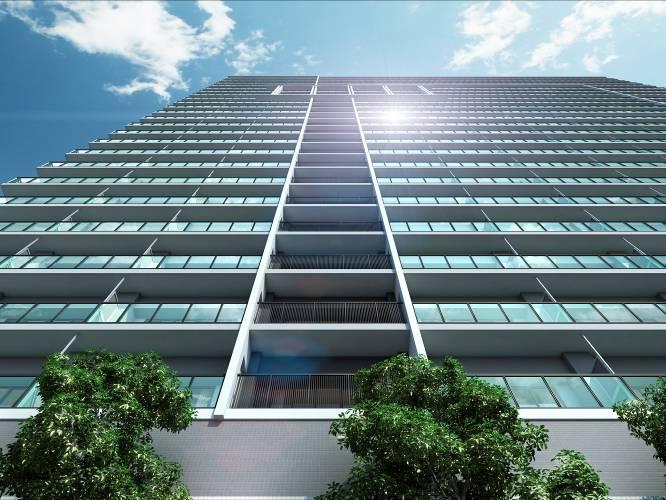 < 建物 > エリアのランドマークとなる大規模超高層レジデンス地上 24 階建ての シティタワー長町新都心 は 空に向かってそびえる荘厳なフォルムを形成 バルコニーに採用したスタイリッシュなガラスに加え