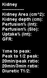 Kidney 腎臓全体 ------------------------- Kidney Area 腎臓の面積 (cm^) Kidney Depth 腎臓の深さ (cm) Perfusion%(Int) 積分値より計算された寄与率 Perfusion%(Slo) スロープより計算された寄与率 Uptake%(Int) アップテイク値 GFR GFR 値 Time to Peak