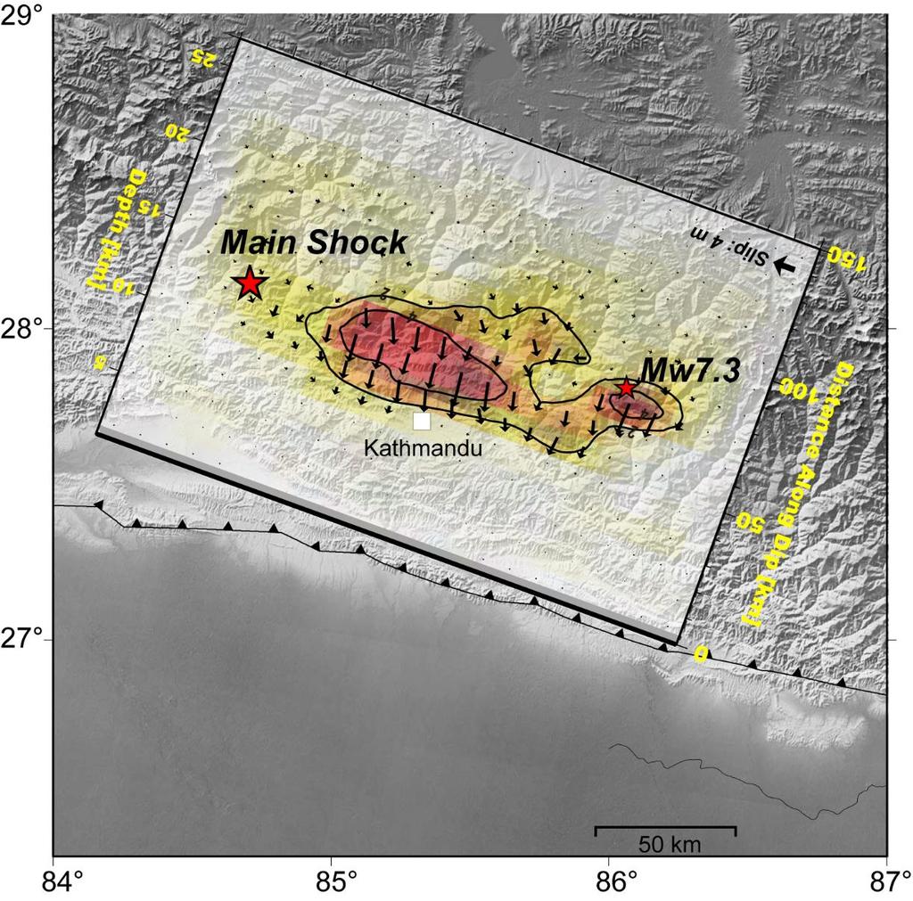 震源断層モデル 7.0 10 20 Nm (Mw7.8) 本震 + 最大余震 最大 6.3m 最大 6.