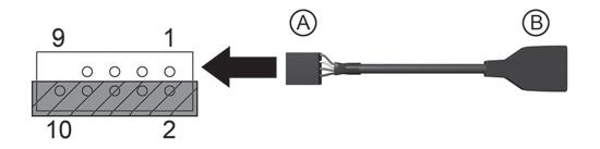 図 3 適切なアライメントおよびブランクキーポジション 9 を示している 2x5 ピンヘッダ 注意 : 内部 USB ケーブルレセプタクルを システムボードヘッダピン 2 4 6 8 および 10 に接続しないでください ヘッダコネクタおよびケーブルレセプタクルが破損することがあります 2.