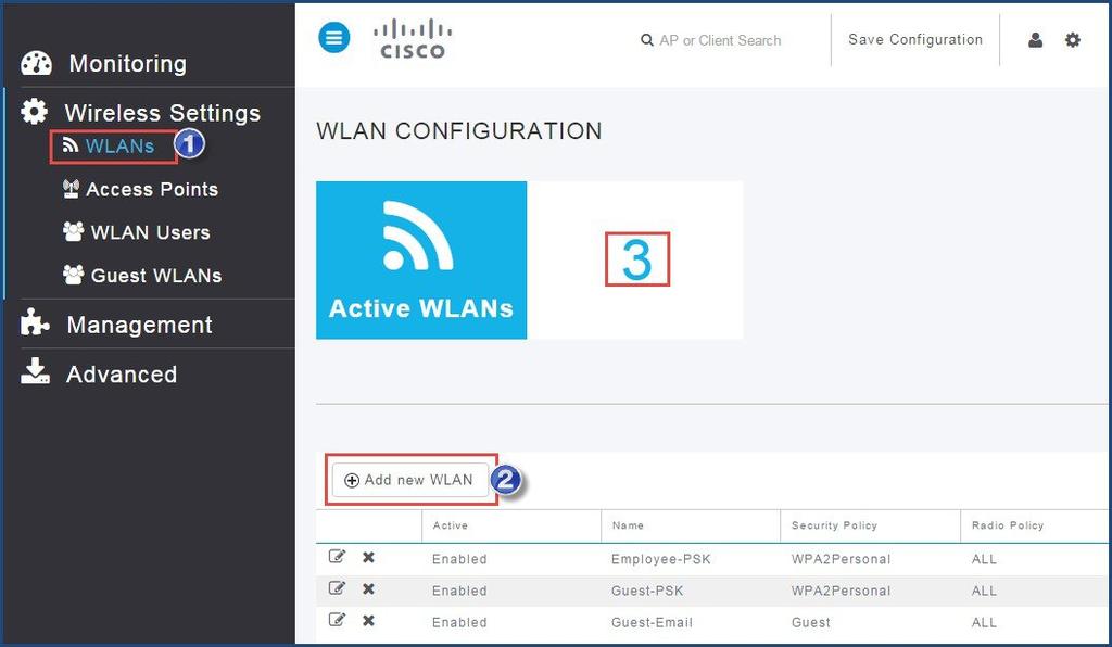 ステップ 2 ステップ 3 [WLAN の設定 (WLAN configuration)] ページが表示され [ アクティブな WLAN(Active WLANs)] の数が示されます [ 新規 WLAN を追加 (Add New WLAN)] をクリックします [ 新規 WLAN を追加 (Add New WLAN)] ウィンドウが表示されます [ 全般 (General)] タブで