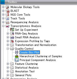 Expression Analysis: Box Plot Log 変換後の結果を Box plot で確認 Navigation Area から使用する Experiment データを選択 Toolbox