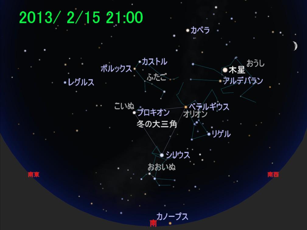 2013 年 2 月の星空 主な見どころ 頭の真上近く ふたご座 南の空 オリオン座