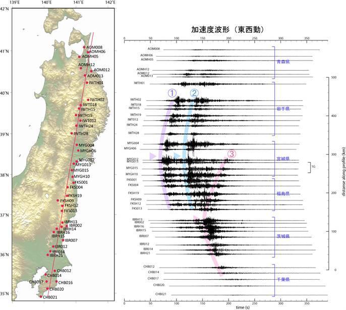 本震の地震動の特徴 100 秒加速度波形 ( 東西動 ) 青森県 大きな断層破壊が宮城県沖で発生 東北日本全体に地震波が到達 1 2 岩手県 約 50 秒後に