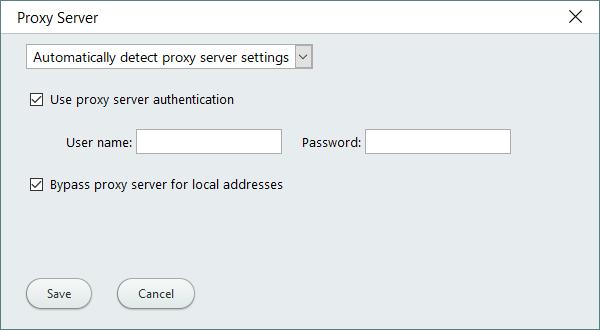 環境に合わせて設定して下さい Automatically detect proxy server setting を選択時 Use proxy server authentication をオンにすることでプロキシサーバーの認証ができます Bypass proxy
